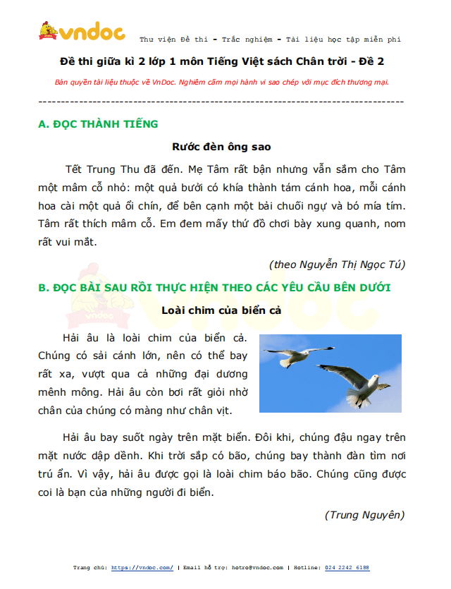 Đề thi giữa kì 2 lớp 1 môn Tiếng Việt năm 2021 sách Chân trời - Đề 2
