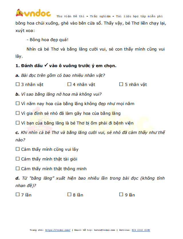 Đề thi giữa kì 2 lớp 1 môn Tiếng Việt năm 2021 sách Chân trời - Đề 3