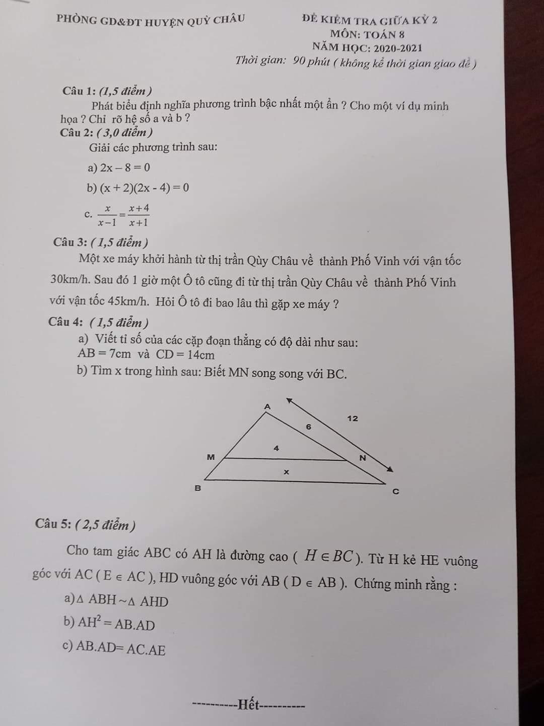 Đề kiểm tra giữa học kì 2 Toán 8 Phòng GD&ĐT huyện Quỳ Châu năm học 2020 - 2021