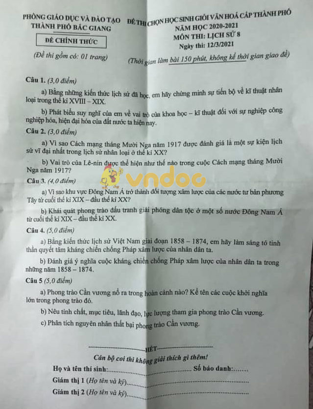 Đề thi chọn học sinh giỏi lớp 8 môn Sử Phòng GD&ĐT Bắc Giang năm 2020 - 2021