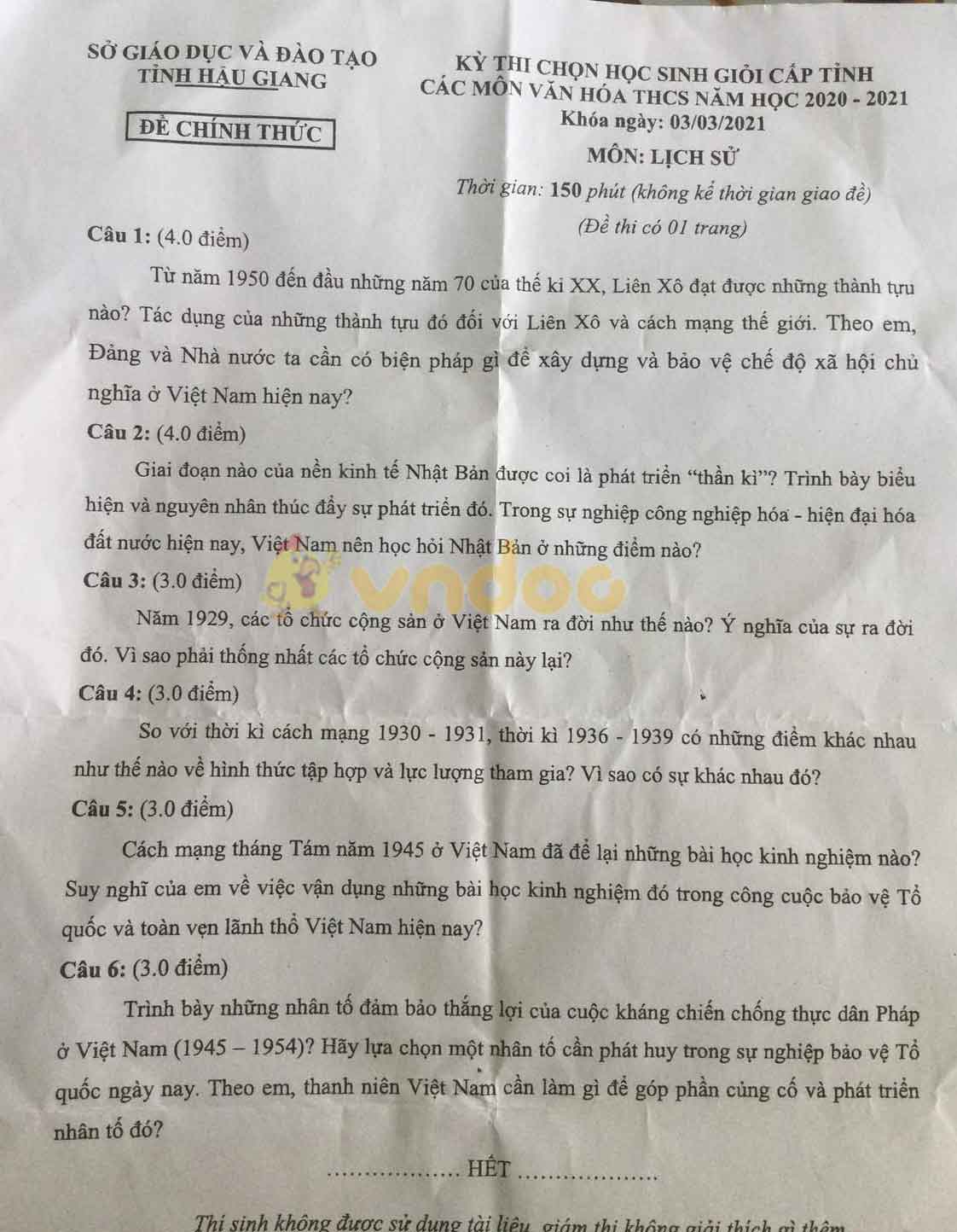 Đề thi chọn học sinh giỏi lớp 9 môn Lịch sử Sở GD&ĐT Hậu Giang năm 2020 - 2021
