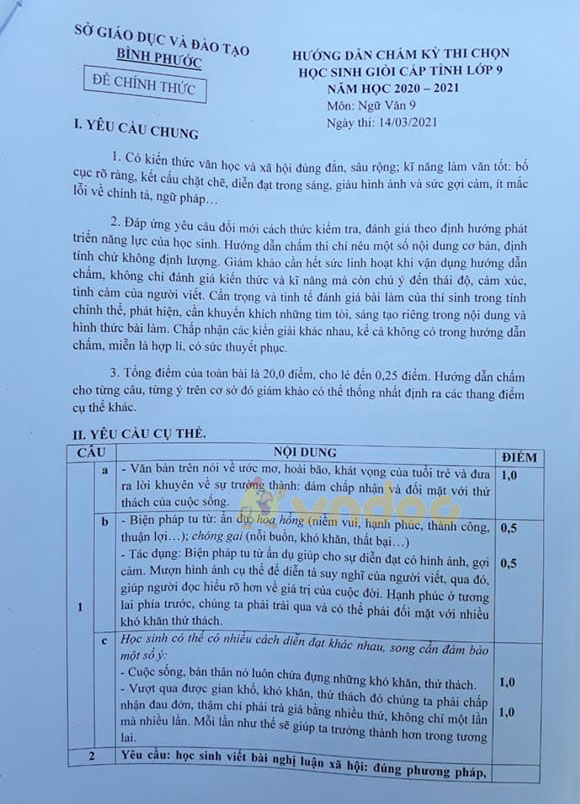 Đề thi học sinh giỏi lớp 9 môn Ngữ văn Sở GD&ĐT Bình Phước năm 2020 - 2021