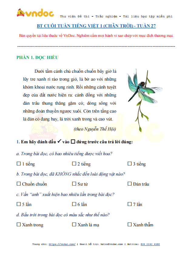 Phiếu bài tập cuối tuần Tiếng Việt lớp 1 Nâng cao - Tuần 27