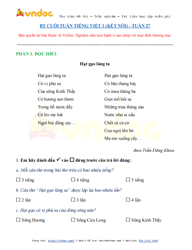 Phiếu bài tập cuối tuần Tiếng Việt 1 nâng cao - Tuần 27 - sách Kết nối