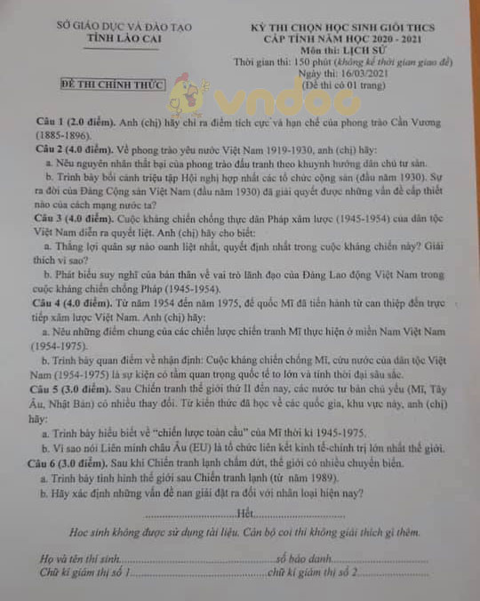 Đề thi chọn học sinh giỏi lớp 9 môn Lịch sử Sở GD&ĐT Lào Cai năm 2020 - 2021
