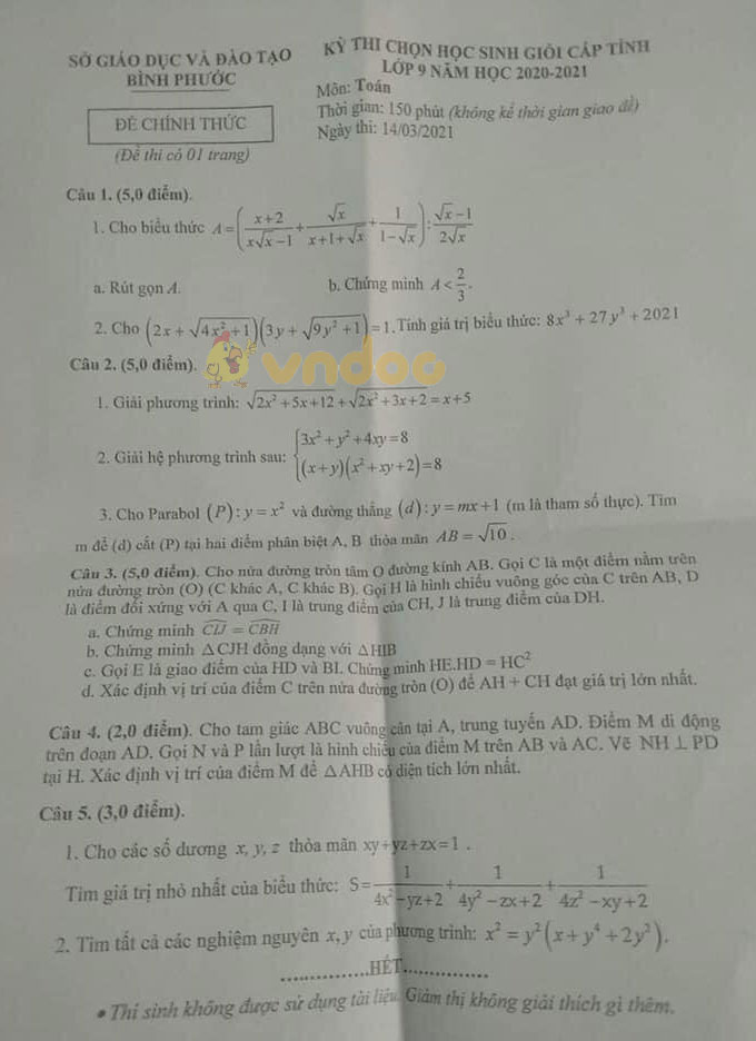 Đề thi chọn học sinh giỏi lớp 9 môn Toán Sở GD&ĐT Bình Phước năm 2020 - 2021