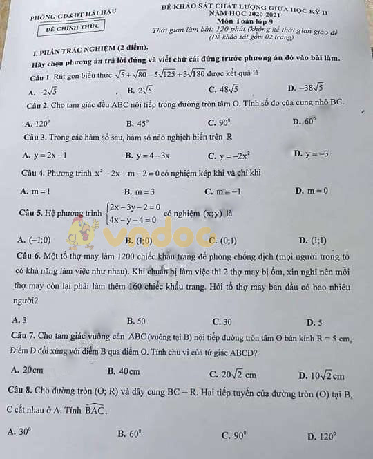 Đề thi giữa học kì 2 lớp 9 môn Toán Phòng GD&ĐT Hải Hậu năm 2020 - 2021