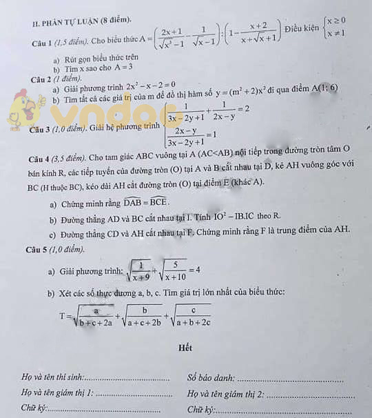 Đề thi giữa học kì 2 lớp 9 môn Toán Phòng GD&ĐT Hải Hậu năm 2020 - 2021