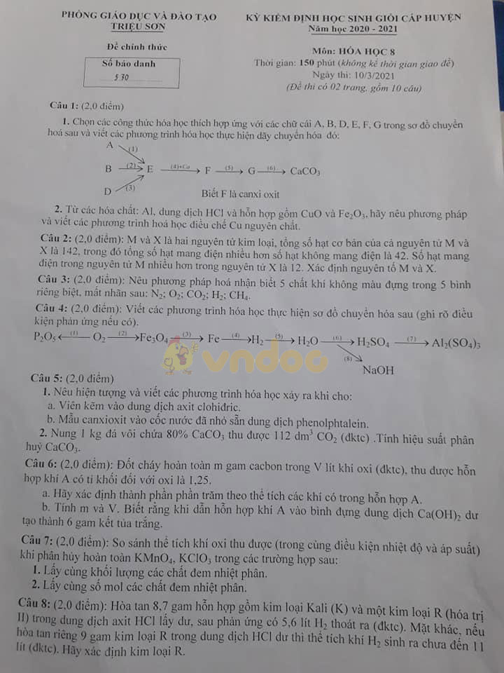 Đề thi học sinh giỏi lớp 8 môn Hóa Phòng GD&ĐT Triệu Sơn năm 2020 - 2021