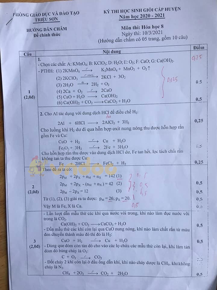 Đề thi học sinh giỏi lớp 8 môn Hóa Phòng GD&ĐT Triệu Sơn năm 2020 - 2021