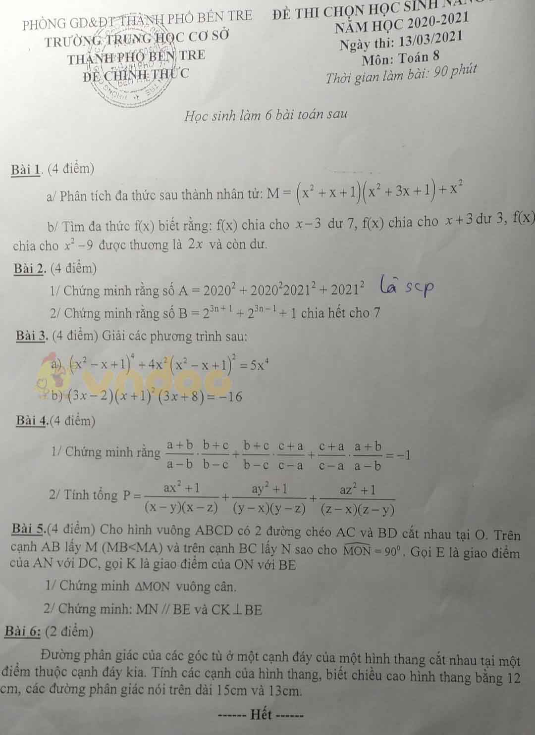 Đề thi học sinh giỏi lớp 8 môn Toán Trường THCS TP Bến Tre năm 2020 - 2021