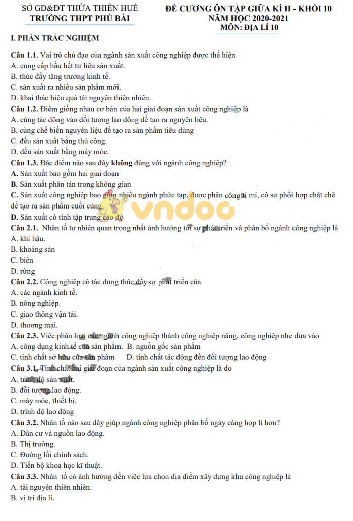 Đề cương ôn thi giữa học kì 2 lớp 10 môn Địa lý Trường THPT Phú Bài, Thừa Thiên Huế năm 2020 - 2021