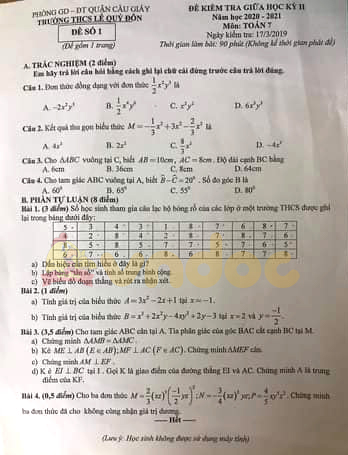 Đề thi Toán 7 giữa học kì 2