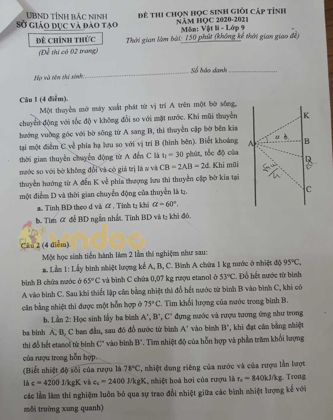 Đề thi chọn học sinh giỏi lớp 9 môn Vật lý Sở GD&ĐT Bắc Ninh năm 2020 - 2021