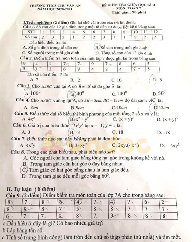 Đề thi Toán 7 giữa học kì 2