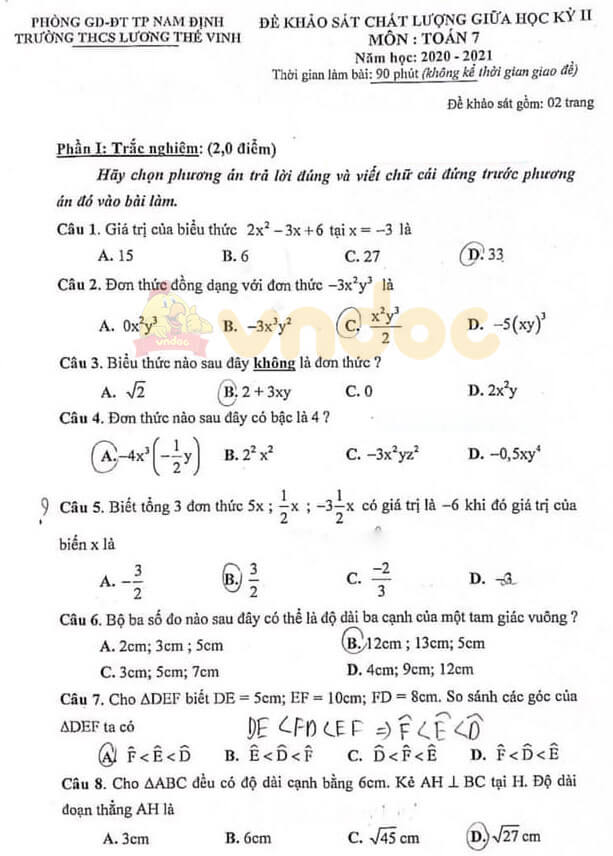 Đề thi giữa kì 2 Toán 7