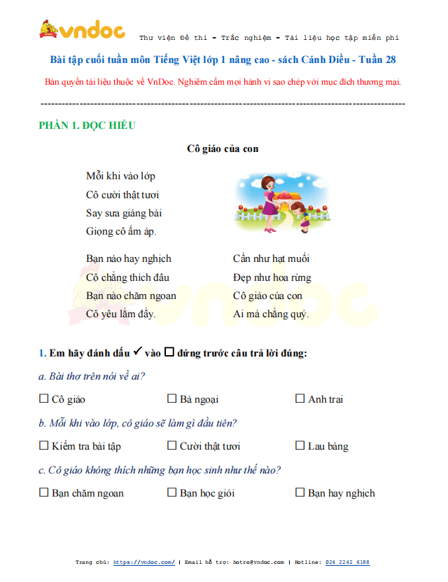 Phiếu bài tập cuối tuần Tiếng Việt lớp 1 Nâng cao - Tuần 28