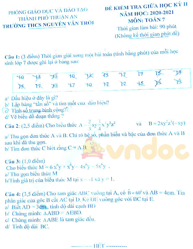 Đề thi giữa kì 2 Toán 7