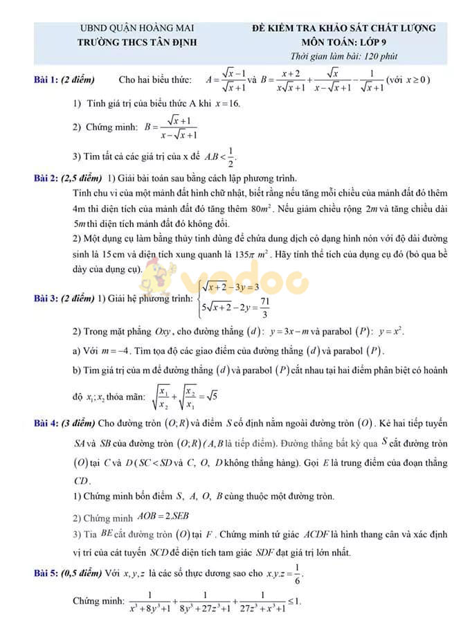 Đề thi thử vào lớp 10 môn Toán Trường THCS Tân Định, Hoàng Mai