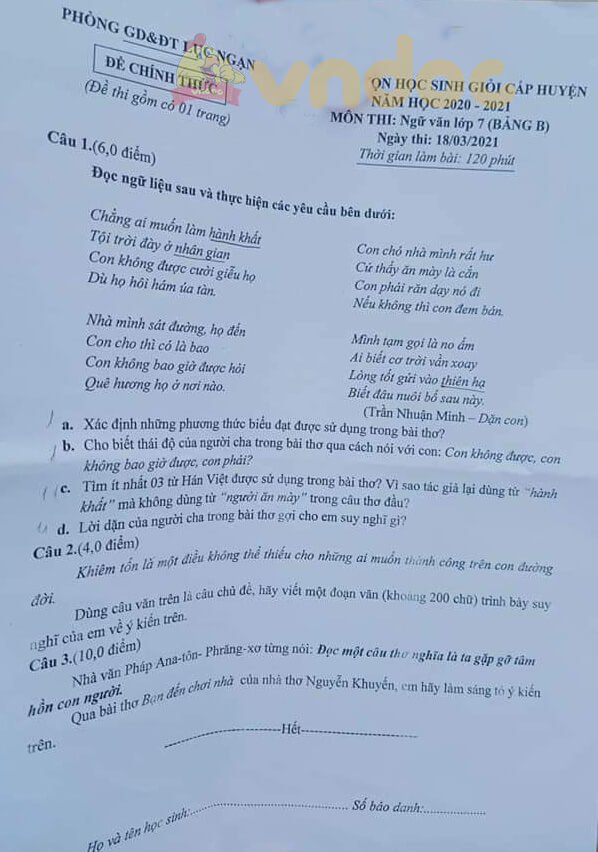 Đề thi hsg Văn 7