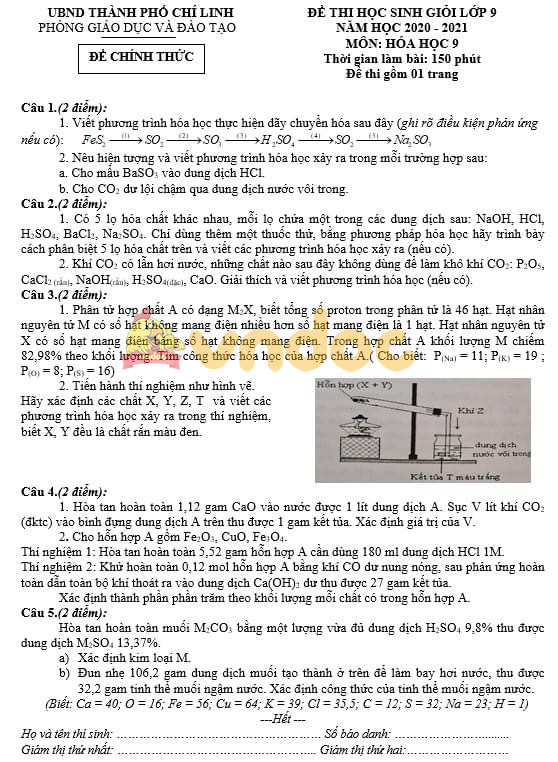Đề thi chọn học sinh giỏi hóa học 9 TP Chí Linh năm 2020 - 2021