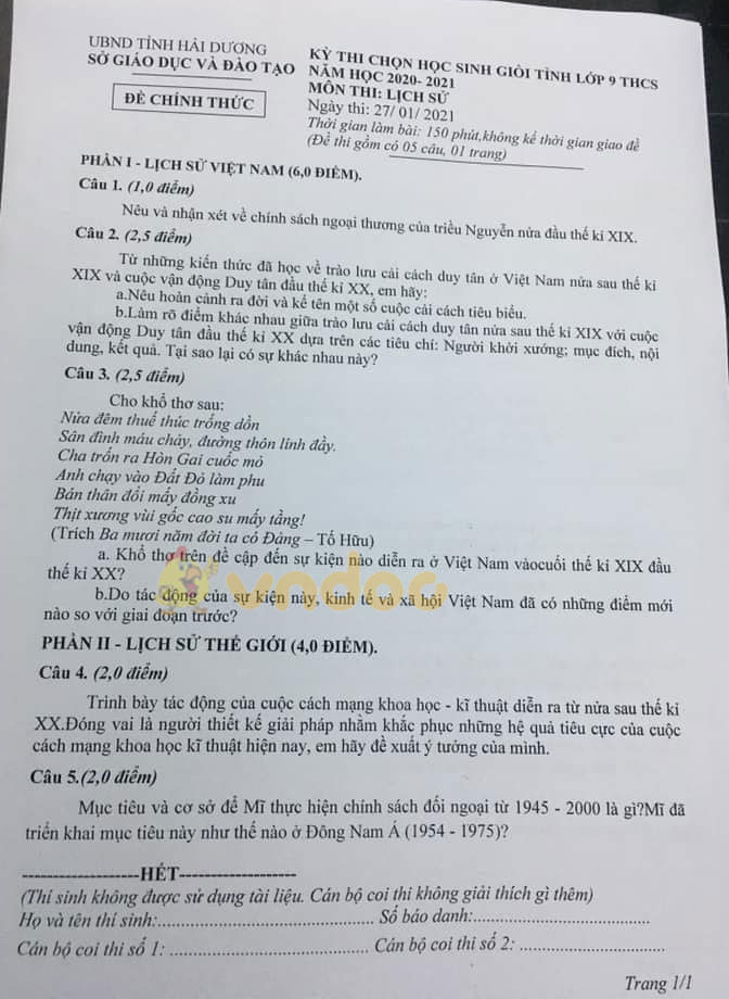 Đề thi chọn học sinh giỏi lớp 9 môn Lịch sử Sở GD&ĐT Hải Dương năm 2020 - 2021