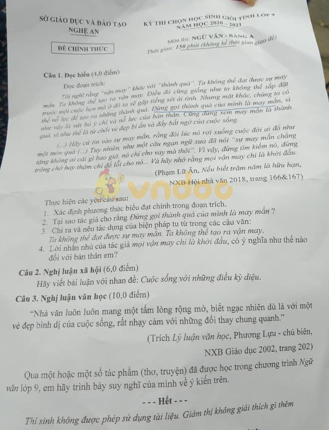 Đề thi học sinh giỏi lớp 9 môn Ngữ văn Sở GD&ĐT Nghệ An năm 2020 - 2021 - Bảng A
