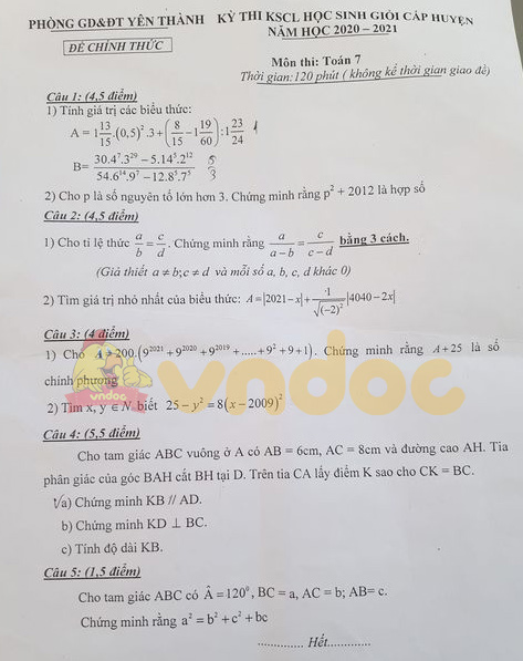 Đề thi chọn học sinh giỏi cấp huyện lớp 7 môn Toán