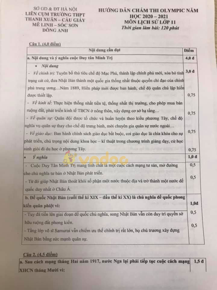 Đề thi Olympic lớp 11 môn Sử Sở GD&ĐT Hà Nội năm 2020 - 2021