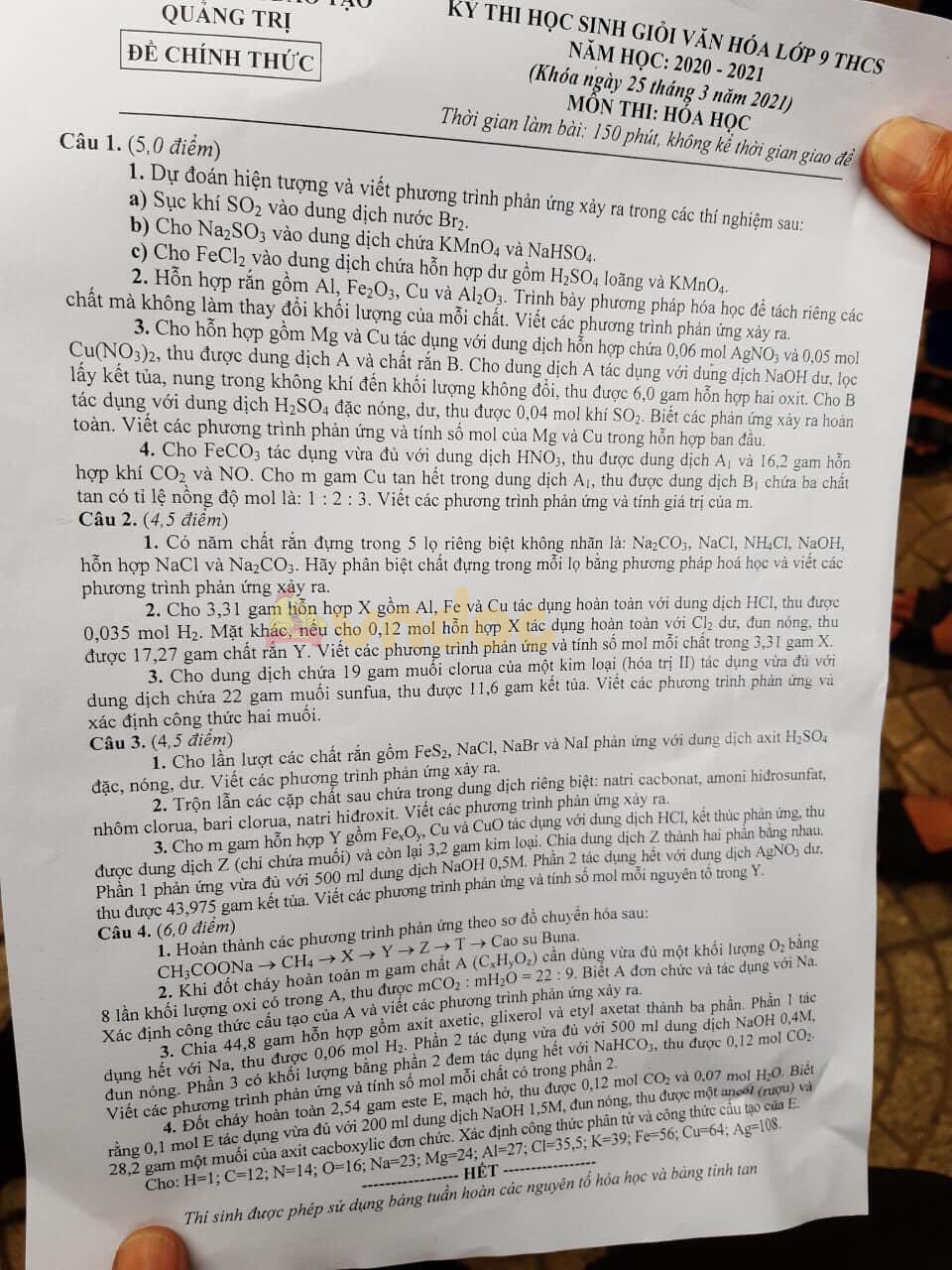 Đề thi học sinh giỏi hóa 9 Sở Giáo dục và Đào tạo Quảng Trị