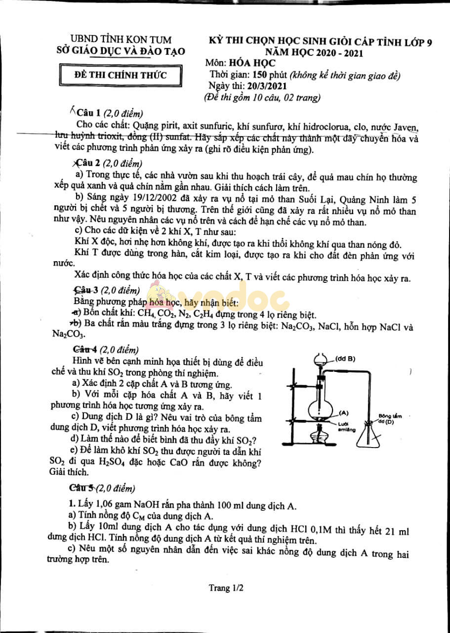 Đề thi chọn học sinh giỏi Sở GD&ĐT tỉnh Kon Tum