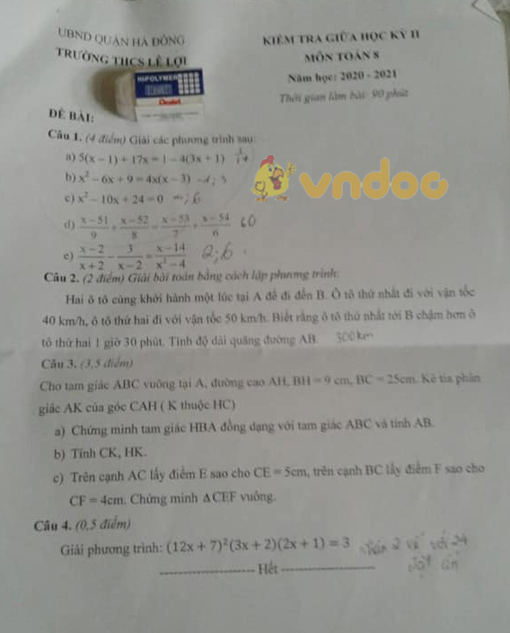 Đề thi giữa học kì 2 lớp 8 môn Toán Trường THCS Lê Lợi, Hà Đông năm 2020 - 2021