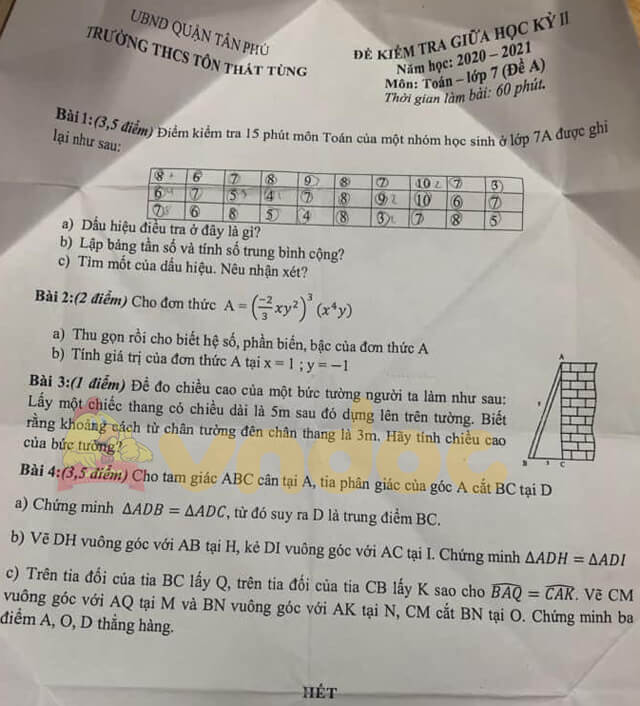 Đề thi giữa kì 2 Toán 7