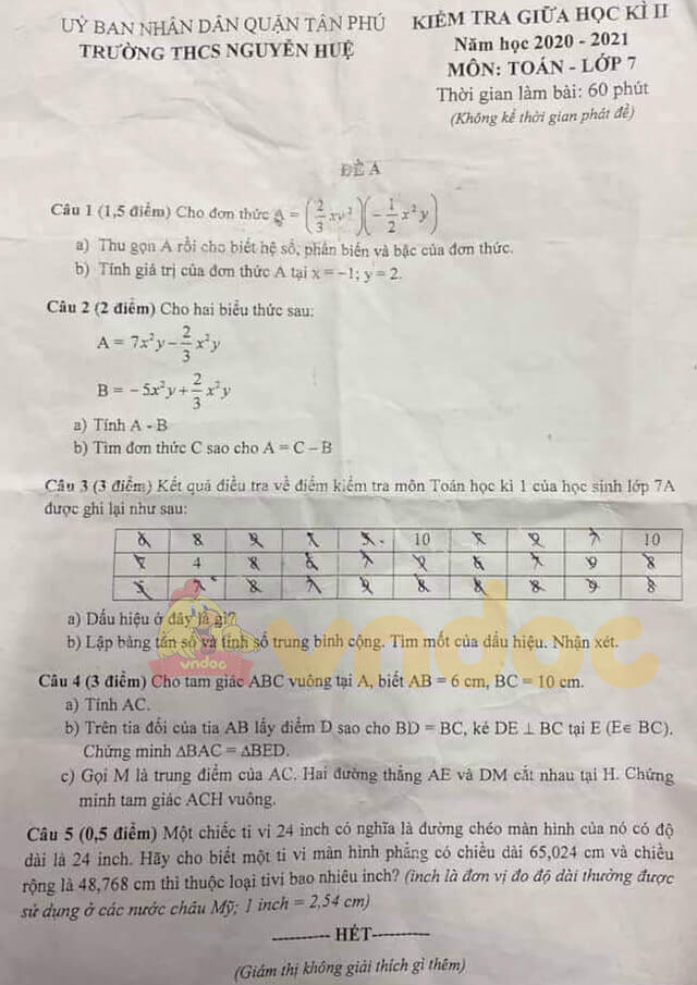 Đề thi giữa kì 2 Toán 7