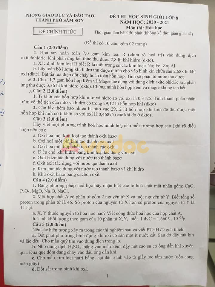 Đề thi học sinh giỏi hóa 8 phòng GD&ĐT Sầm Sơn năm 2020 - 2021