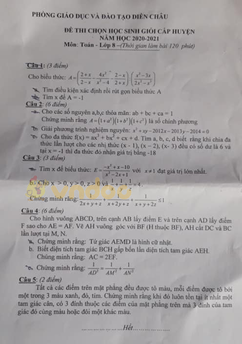 Đề thi học sinh giỏi lớp 8 môn Toán Phòng GD&ĐT huyện Diễn Châu năm 2020 - 2021