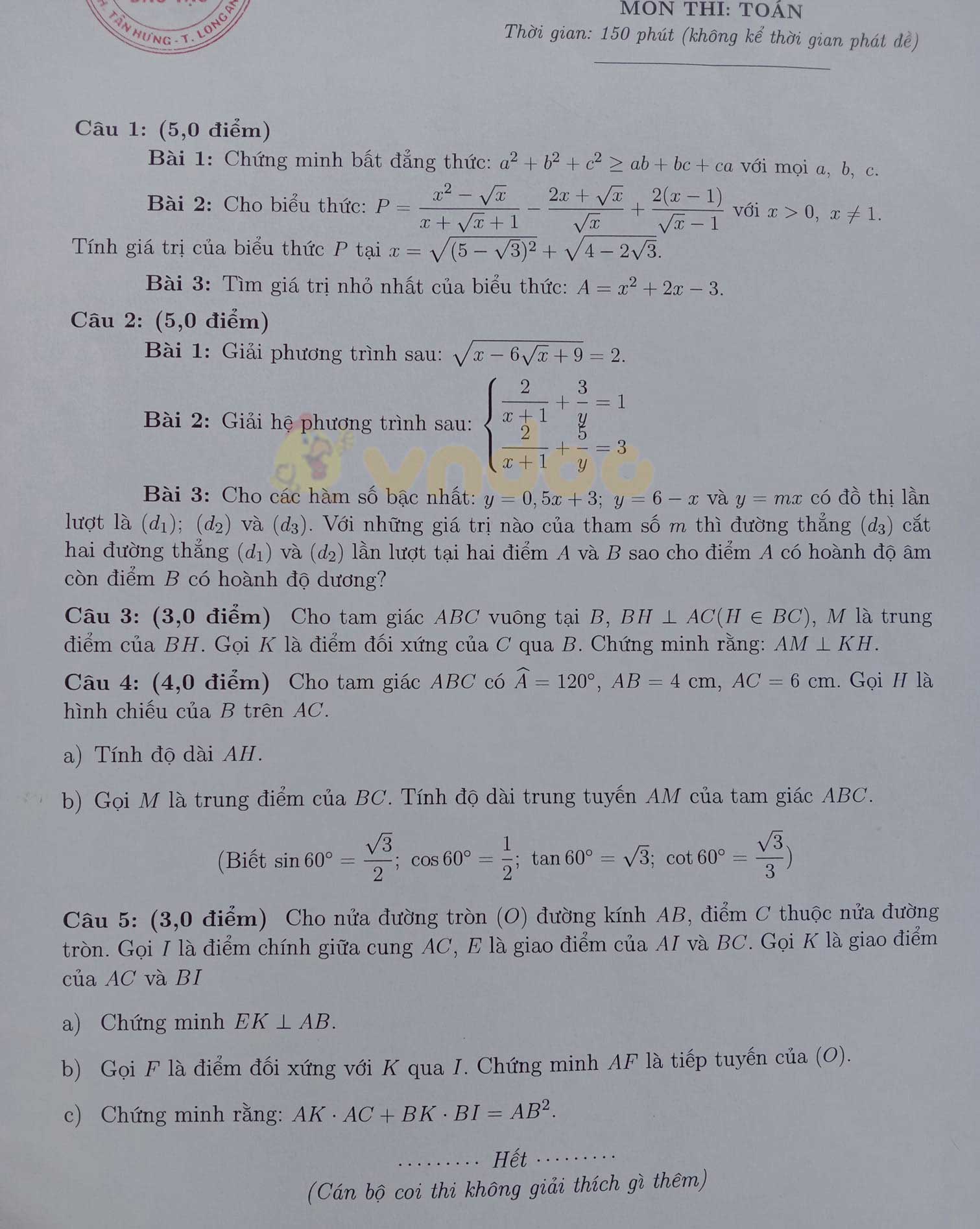 Đề thi học sinh giỏi lớp 8 môn Toán Phòng GD&ĐT huyện Tân Hưng năm 2020 - 2021