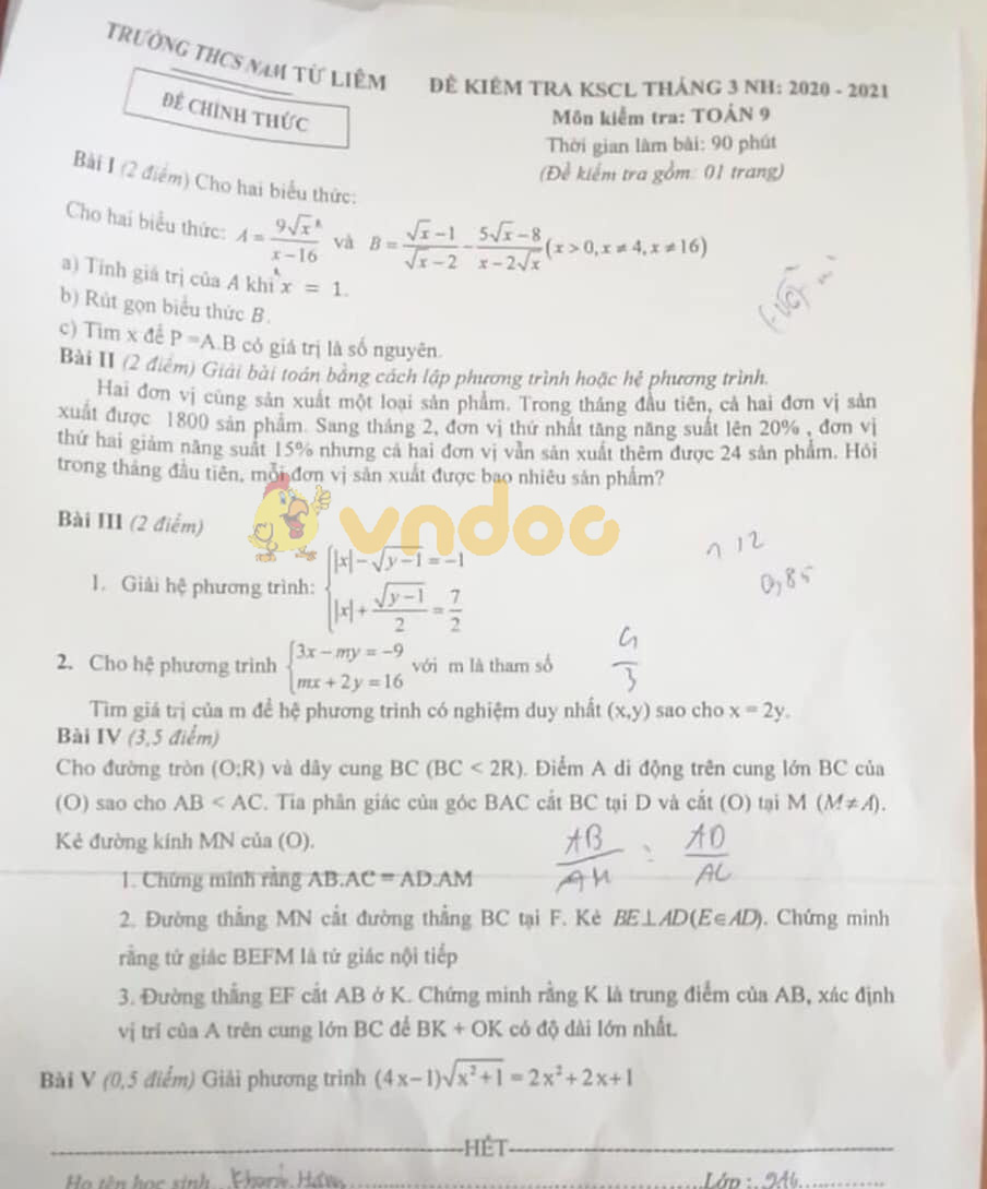 Đề thi giữa học kì 2 lớp 9 môn Toán trường THCS Nam Từ Liêm năm 2020 - 2021