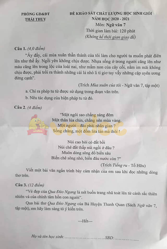 Đề thi hsg Văn 7