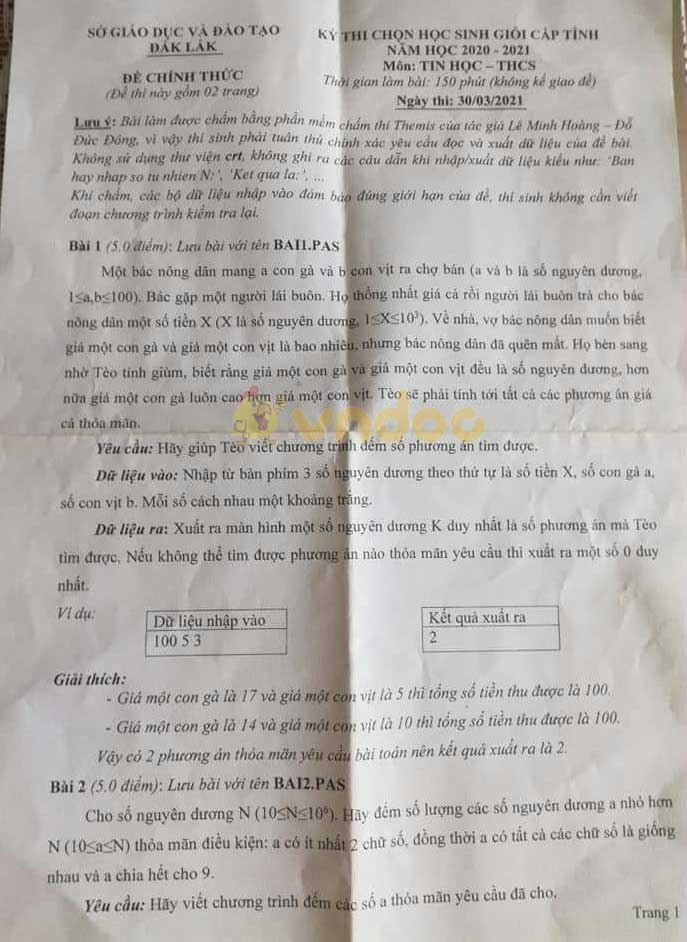 Đề thi chọn học sinh giỏi lớp 9 môn Tin học Sở GD&ĐT Đăk Lăk năm 2020 - 2021