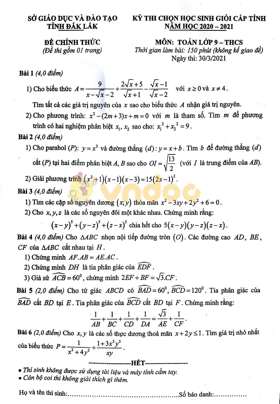 Đề thi chọn học sinh giỏi lớp 9 môn Toán Sở GD&ĐT Đăk Lăk năm 2020 - 2021