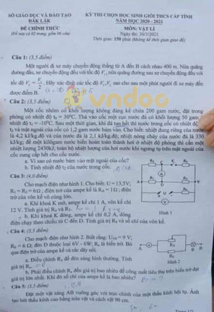 Đề thi chọn học sinh giỏi lớp 9 môn Vật lý Sở GD&ĐT Đăk Lăk năm 2020 - 2021