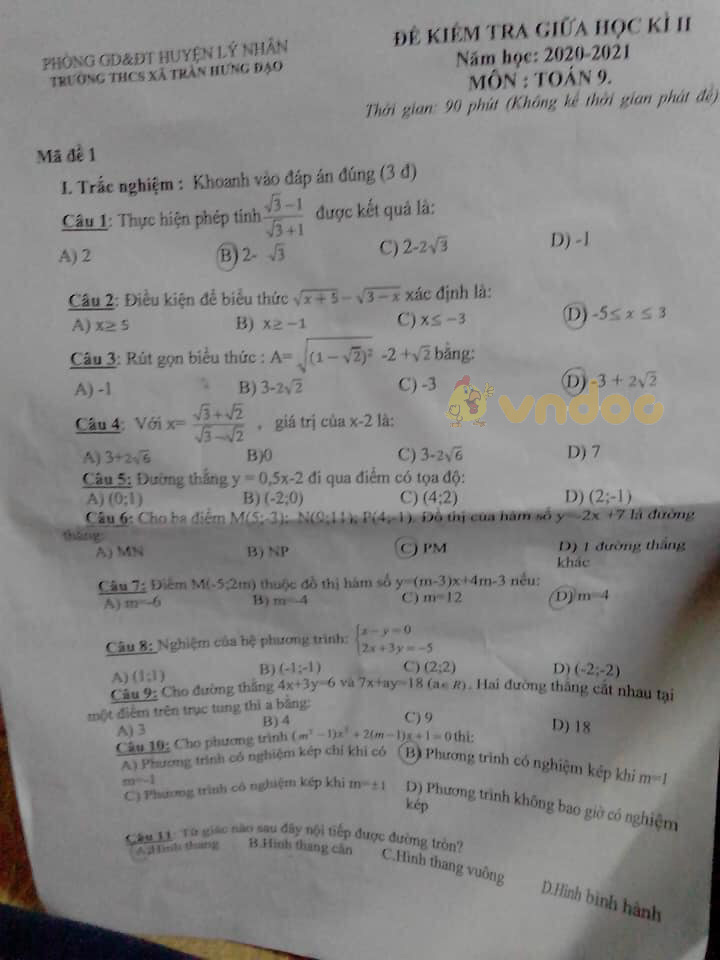 Đề thi giữa học kì 2 lớp 9 môn Toán trường THCS xã Trần Hưng Đạo năm 2020 - 2021
