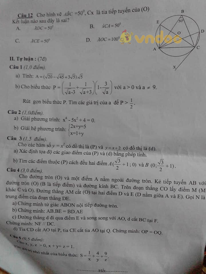 Đề thi giữa học kì 2 lớp 9 môn Toán trường THCS xã Trần Hưng Đạo năm 2020 - 2021