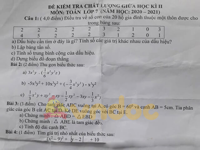 Đề thi giữa kì 2 Toán 7