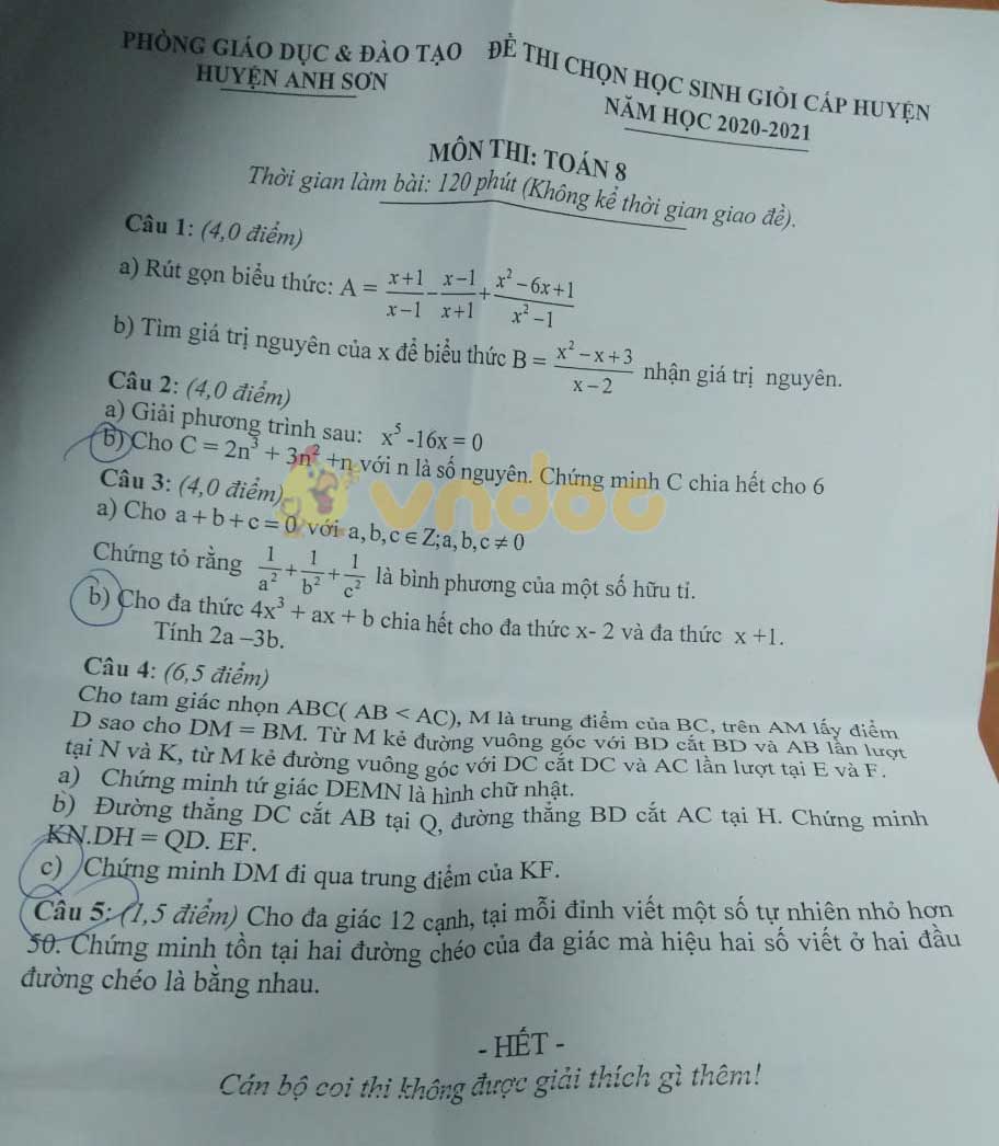Đề thi học sinh giỏi lớp 8 môn Toán Phòng GD&ĐT huyện Anh Sơn năm 2020 - 2021