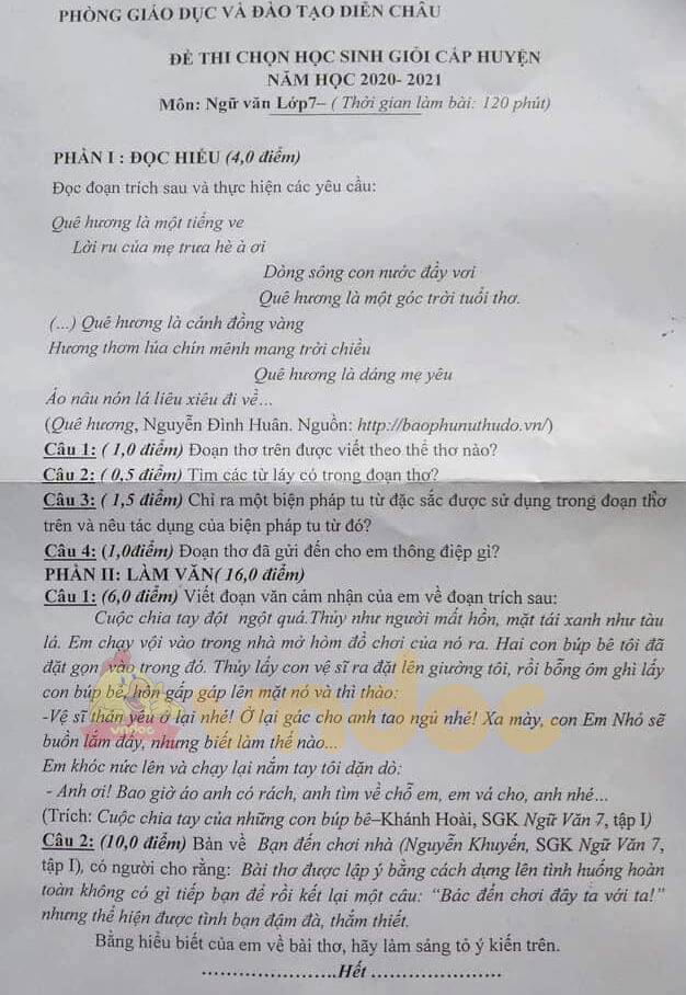 Đề thi hsg Văn 7