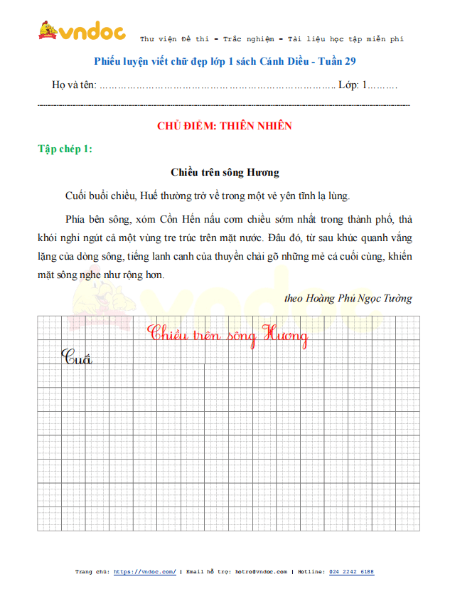 Phiếu luyện viết chữ đẹp Tuần 29 sách Cánh Diều