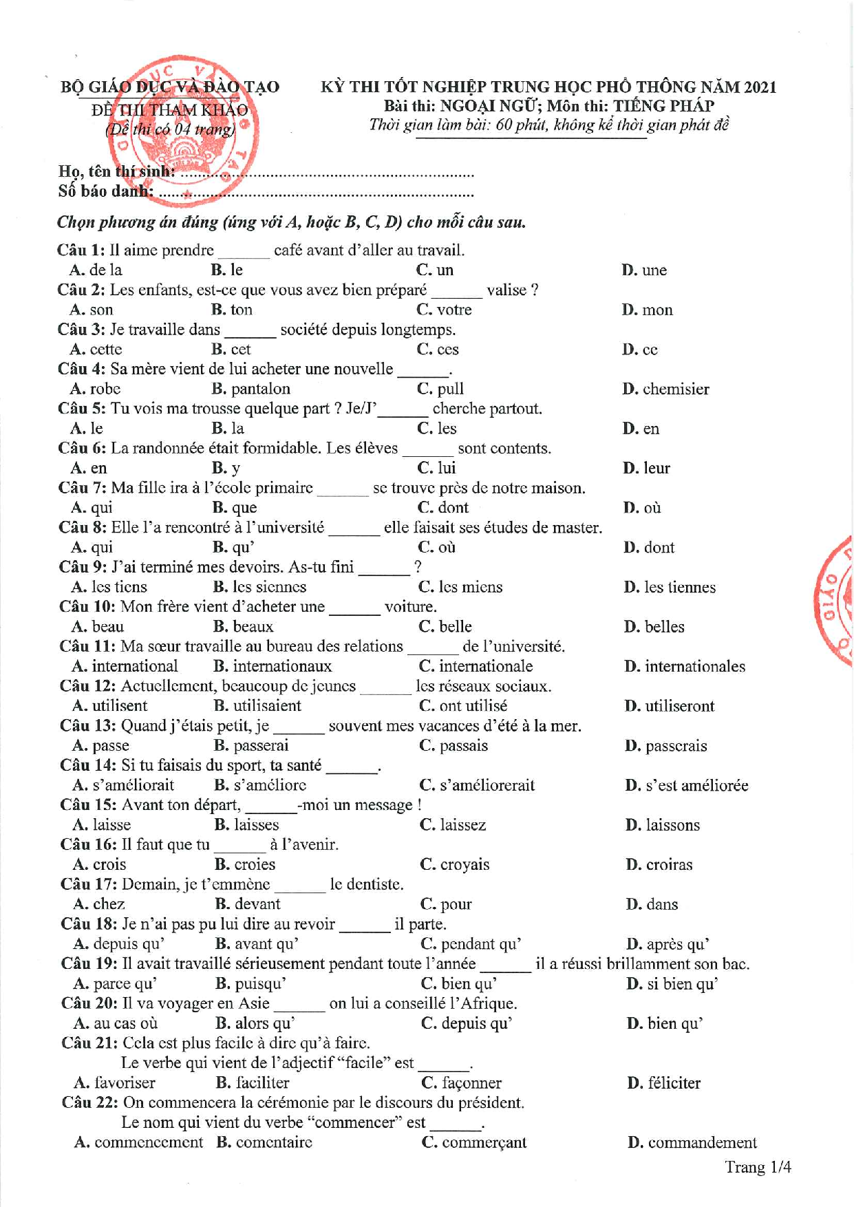 Đề minh họa 2021 môn tiếng Pháp