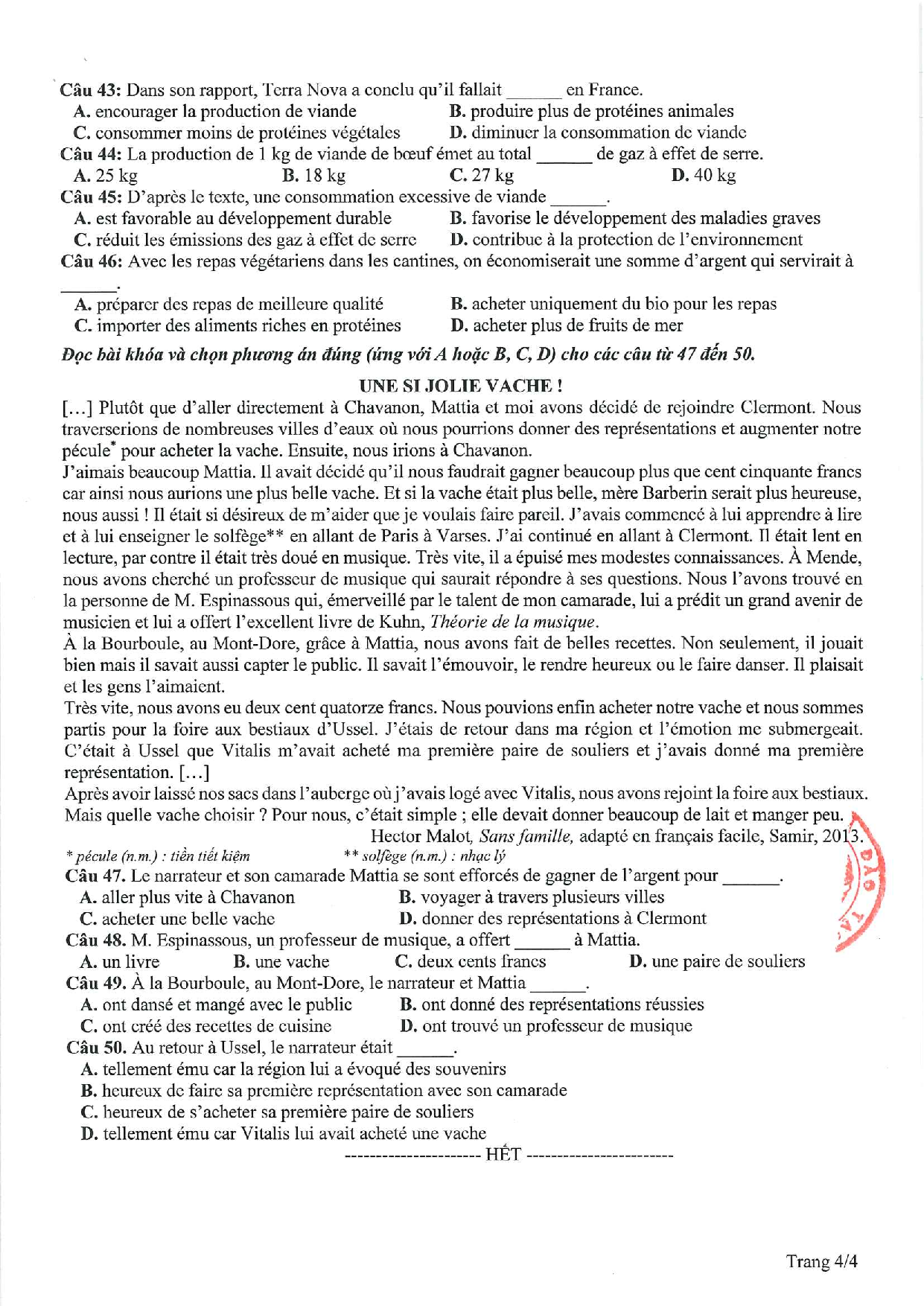 Đề minh họa 2021 môn tiếng Pháp